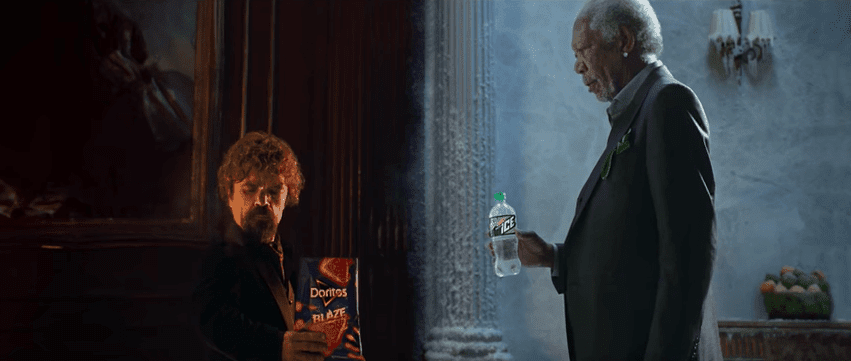 Screenshot from commercial of Mountain Dew vs. Doritos staring Peter Dinklage and Morgan Freeman