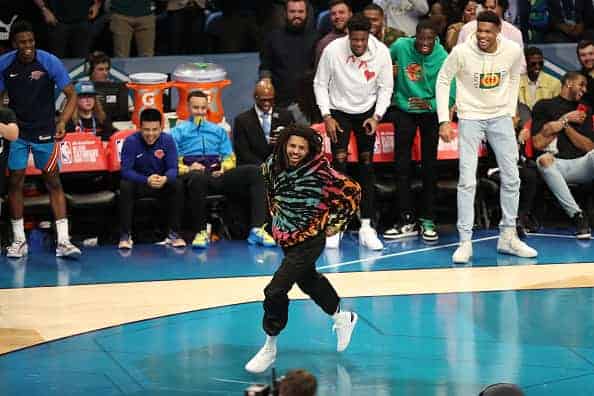 Rapper J.Cole smiles during the 2019 AT&T Slam Dunk Contest as part of the State Farm All-Star Saturday Night on February 16