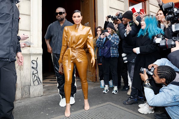 Kim Kardashian and Kanye West at the Theatre des Bouffes du Nord to attend Kanye West's Sunday Service on March 01