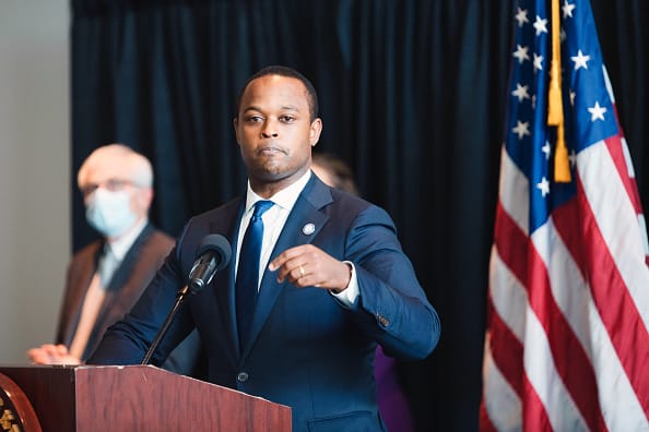 Kentucky Attorney General Daniel Cameron speaks during a press conference to announce a grand jury's decision to indict one of three Louisville Metro Police Department officers involved in the shooting death of Breonna Taylor on September 23