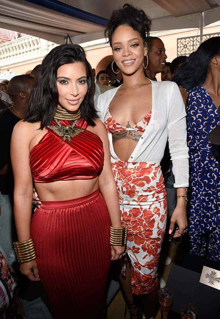 Kim Kardashian and Rihanna attend the Roc Nation and Three Six Zero Pre-GRAMMY Brunch at Private Residence