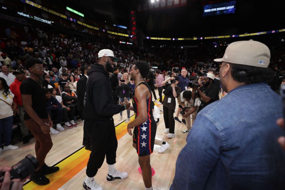 LeBron James and son, Bronny James attend 46th Annual McDonalds All American Games with Halftime Performance by Don Toliver on March 28, 2023 in Houston, Texas.