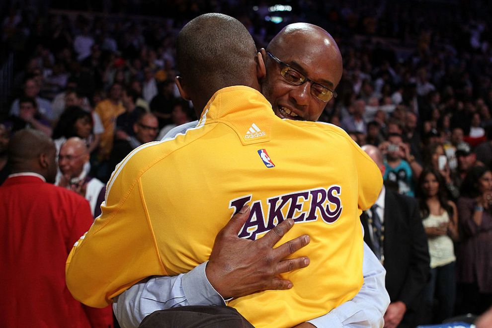 Joe 'Jelly Bean' Bryant hugs his son Kobe Bryant #24 of the Los Angeles Lakers before Game Two of the Western Conference Quarterfinals of the 2010 NBA Playoffs against the Oklahoma City Thunder at Staples Center on April 27, 2010 in Los Angeles, California.