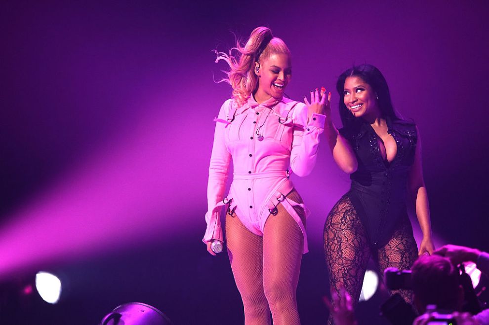 Beyonce (L) and Nicki Minaj perform onstage during TIDAL X: 1020 Amplified by HTC at Barclays Center of Brooklyn on October 20, 2015 in New York City.