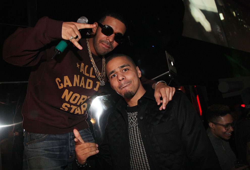 Rapper's Drake and J. Cole attend First Down Friday at Sensu on February 3, 2012 in Indianapolis, Indiana.