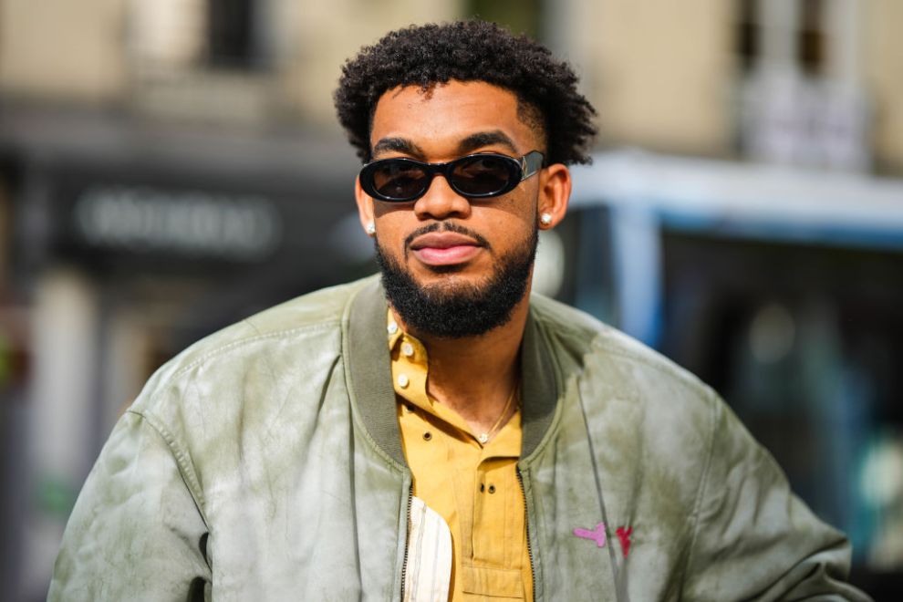 Basketball player Karl-Anthony Towns is seen, outside the Rhude show, during Paris Fashion Week - Menswear Spring/Summer 2023, on June 22, 2022 in Paris, France.