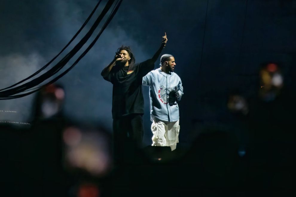 J. Cole (L) and Drake (R) perform during the Dreamville Festival at Dorothea Dix Park on April 02, 2023 in Raleigh, North Carolina.