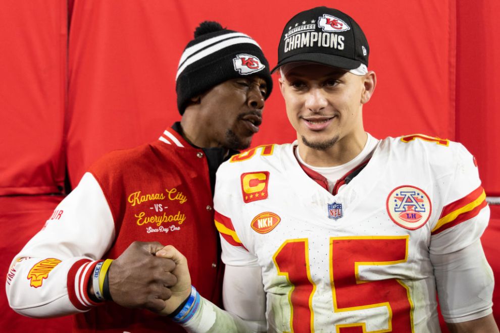 BALTIMORE, MARYLAND - JANUARY 28: Patrick Mahomes #15 of the Kansas City Chiefs celebrates with his father Pat Mahomes after the AFC Championship NFL football game at M&T Bank Stadium on January 28, 2024 in Baltimore, Maryland.